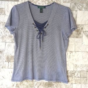 Ralph Lauren Vintage 90's Cotton Top Med, Navy & White Striped Lace Up Tie Front